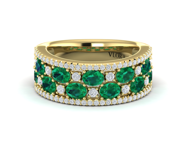 14K YELLOW GOLD RING SIZE 6.5 WITH 11=1.53TW OVAL EMERALDS AND 85=0.52TW ROUND F-G VS2-SI1 DIAMONDS   (6.58 GRAMS)