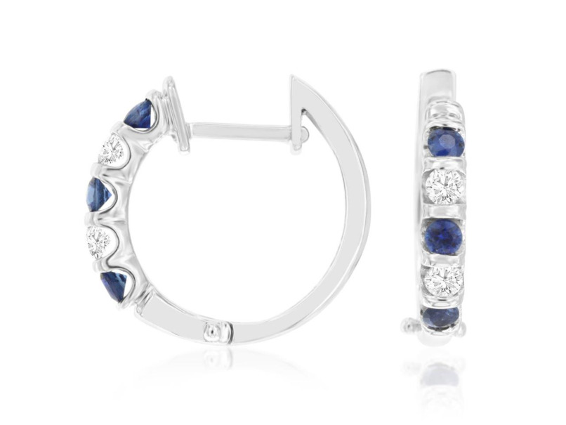 14K WHITE GOLD HUGGIE EARRINGS WITH 6=0.40TW ROUND BLUE SAPPHIRES AND 4=0.20TW ROUND H-I SI2-I1 DIAMONDS  (3.36 GRAMS)