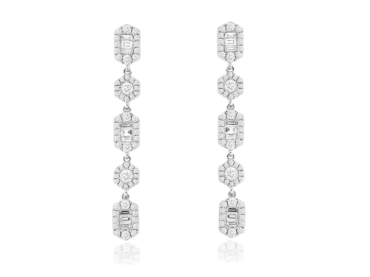 14K WHITE GOLD DANGLE DIAMOND EARRINGS WITH 62=0.67TW ROUND H-I SI1-SI2 DIAMONDS AND 18=0.27TW BAGUETTE G-H SI1-SI2 DIAMONDS   (2.94 GRAMS)