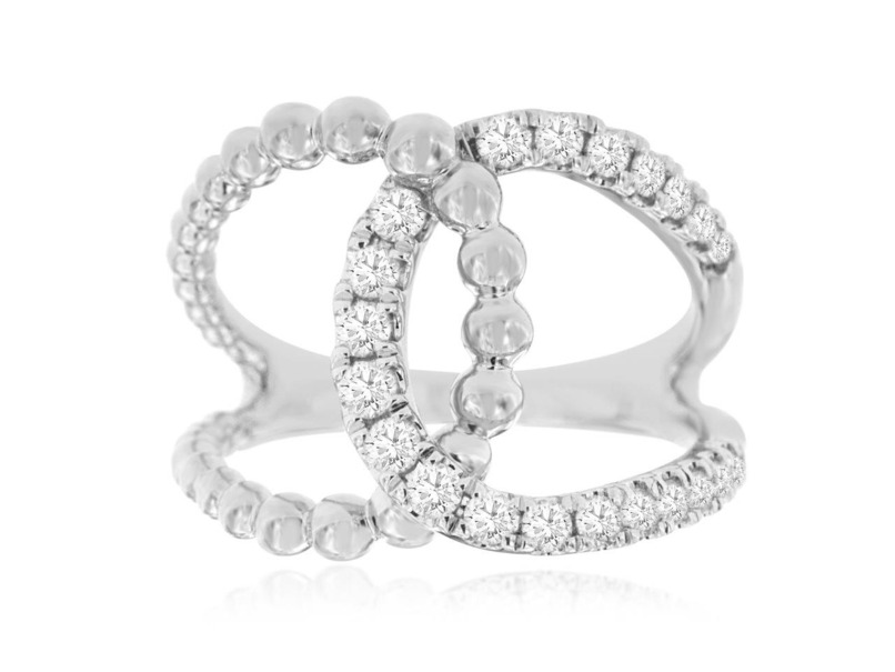 14K WHITE GOLD BEADED DIAMOND FASHION RING SIZE 7 WITH 21=0.50TW ROUND G-H SI2-I1 DIAMONDS   (5.60 GRAMS)