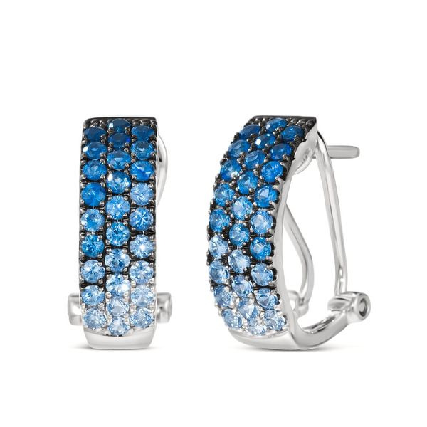 LE VIAN OMBRE' COLLECTIO 14K VANILLA GOLD HUGGIE EARRINGS WITH 56 = 1.20TW ROUND DENIM OMBRE' SAPPHIRES   (3.94 GRAMS)