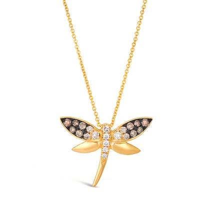 LE VIAN OMBRE' COLLECTION 14K HONEY GOLD DRAGONFLY DIAMOND PENDANT WITH 14=0.20TW ROUND CHOCOLATE OMBRE' SI1 DIAMONDS AND 7=0.14TW ROUND VS2-SI1 NUDE DIAMONDS 20