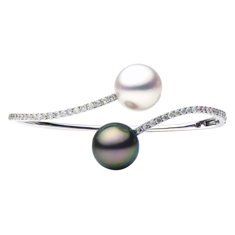 18K WHITE GOLD BANGLE PEARL BRACELET ONE 12.00X13.00MM SOUTH SEA WHITE PEARL ONE 12.00X13.00MM TAHITIAN PEARL AND 42=1.03TW ROUND G-H I1 DIAMONDS