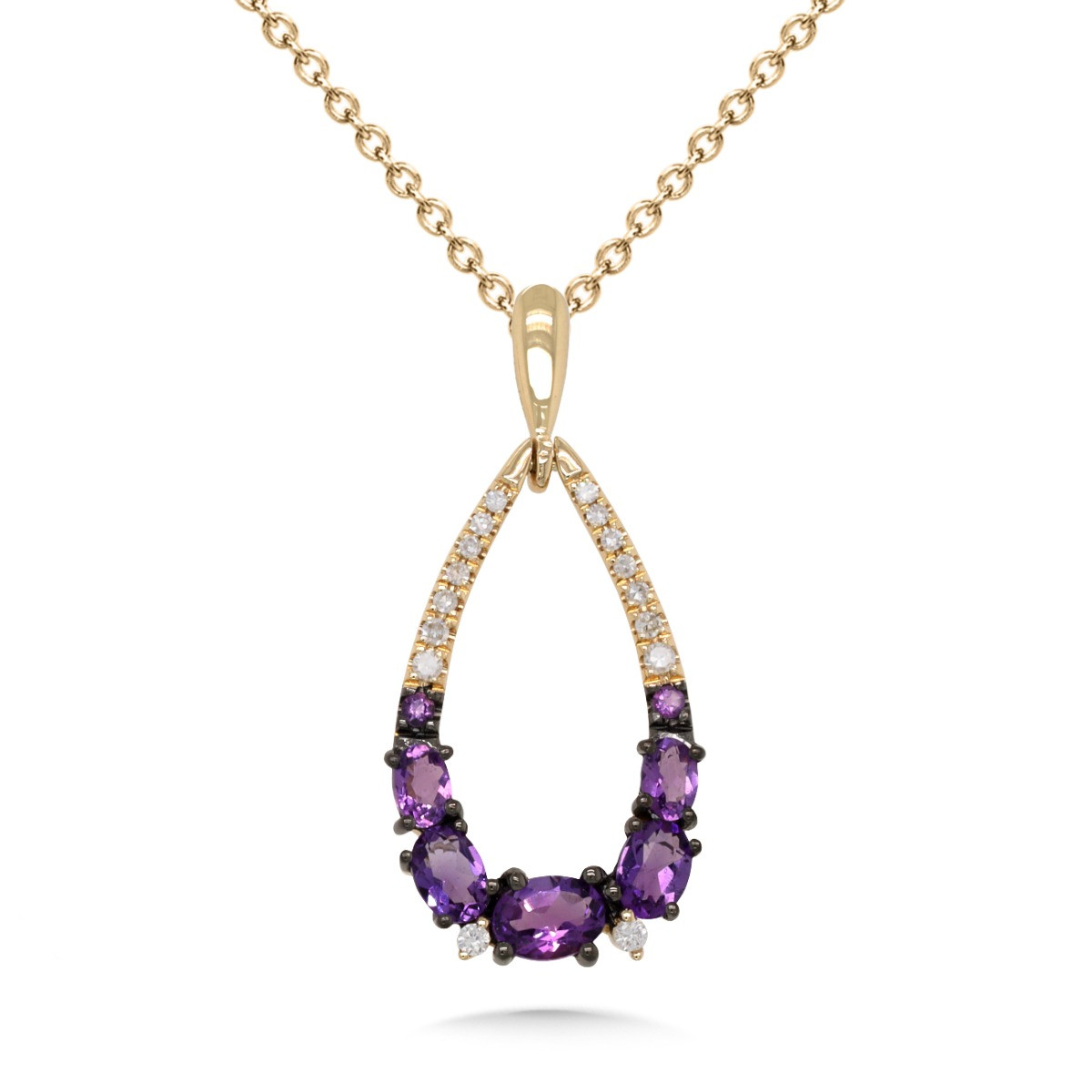 14K YELLOW GOLD DROP PENDANT WITH 5 =  OVAL AMETHYSTS AND 4 = ROUND AMETHYSTS =.61CTW  AND 0.06 ROUND H-I SI2-I1 DIAMONDS