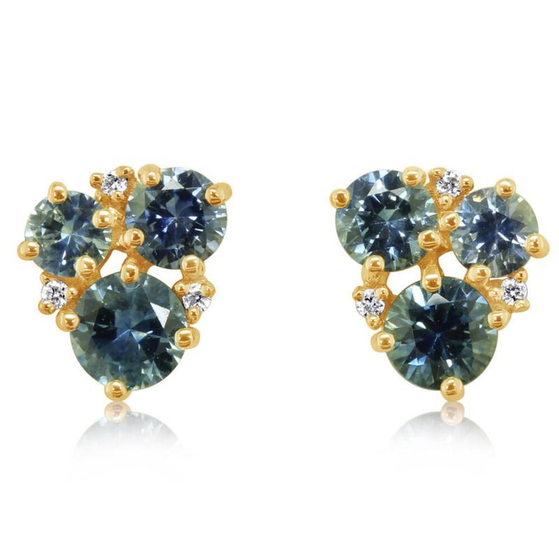 14K YELLOW GOLD STUD EARRINGS 2 = 0.60TW ROUND MONTANA SAPPHIRES  2 = 0.44TW ROUND MONTANA SAPPHIRES  2 = 0.28TW ROUND MONTANA SAPPHIRES  AND 6 = 0.20TW ROUND G-H SI1  DIAMONDS   (2.00 GRAMS)