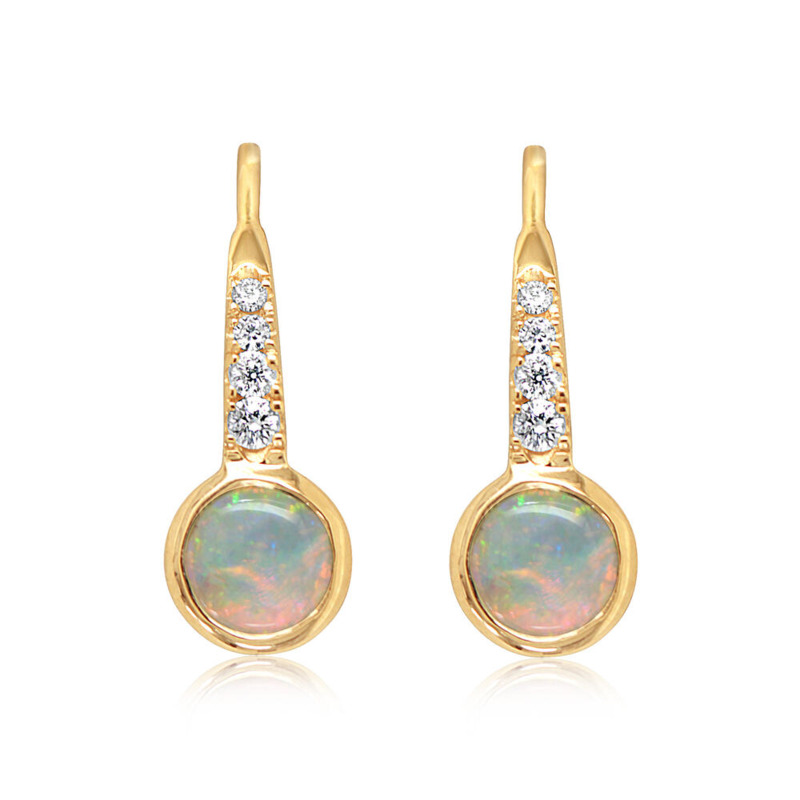 14K YELLOW GOLD DROP EARRINGS WITH 2=0.62TW CABOCHON AUSTRALIAN OPALS AND 8=0.09TW ROUND H-I SI2 DIAMONDS  (1.71 GRAMS)