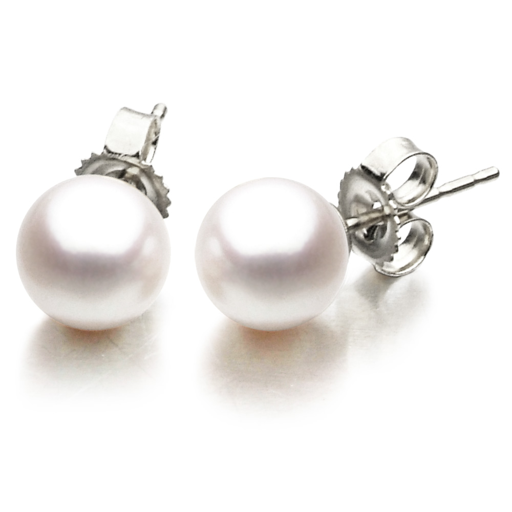 14K WHITE GOLD STUD EARRING WITH 2=6.50-7.00MM CULTURED AKOYA WHITE PEARLS