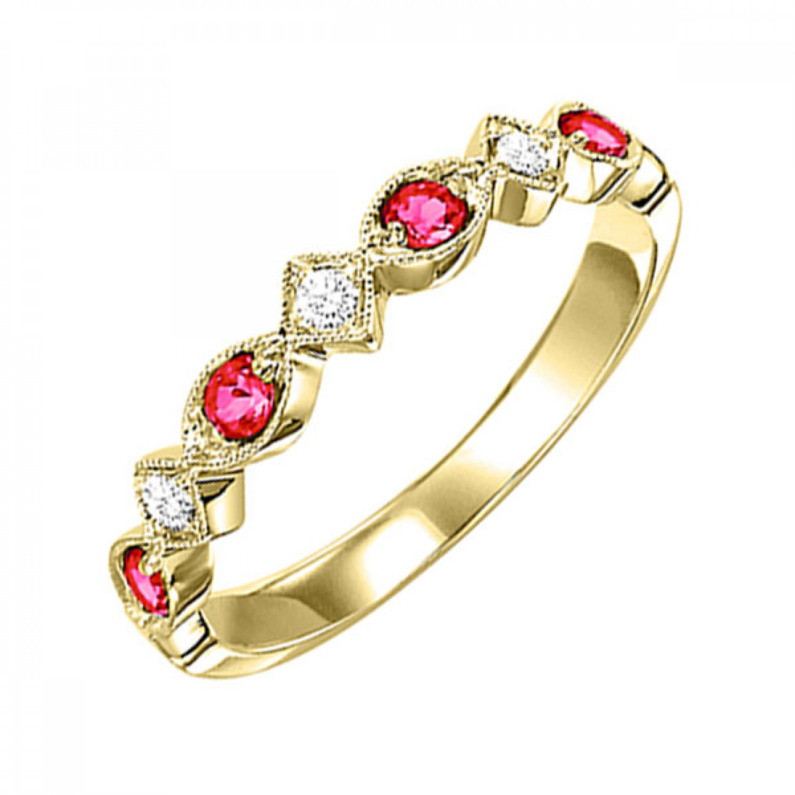 10K YELLOW GOLD STACKABLE RING SIZE 7 WITH 4=0.17TW ROUND RUBYS AND 3=0.05TW ROUND I I1 DIAMONDS