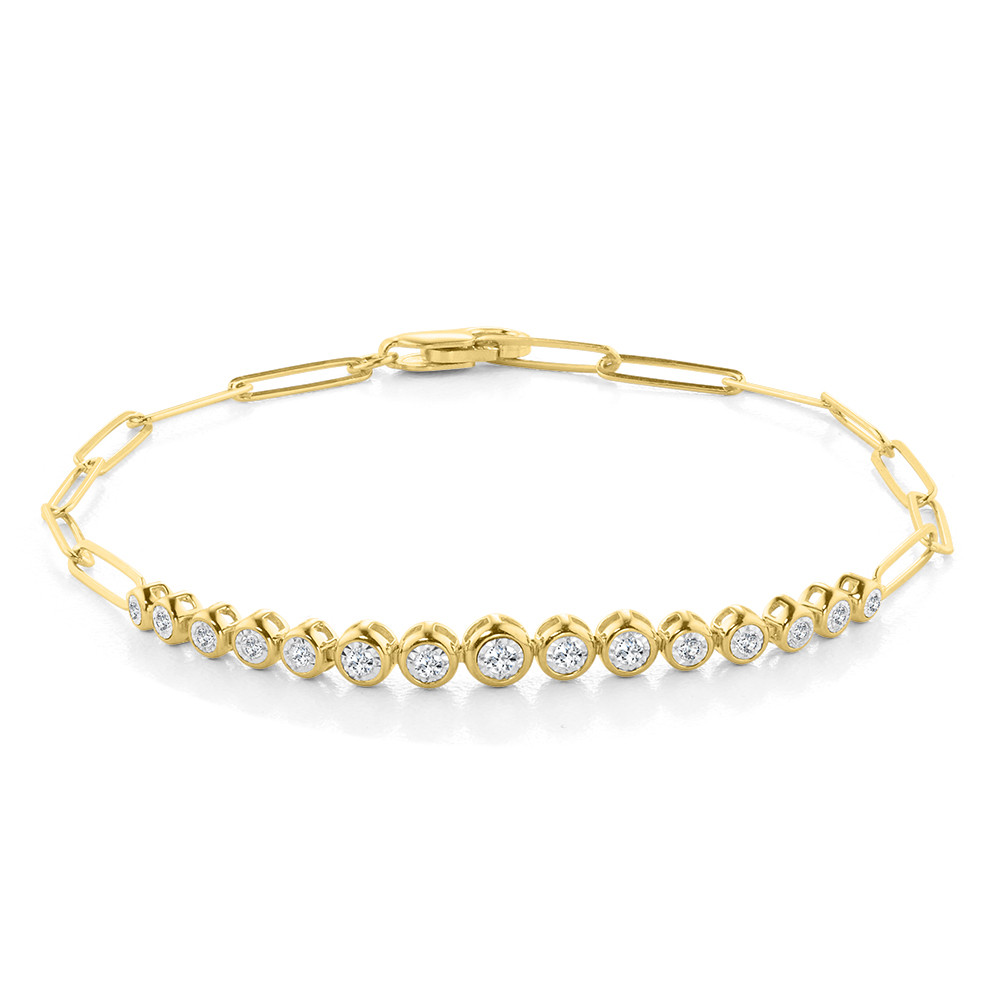 14K YELLOW GOLD PAPERCLIP DIAMOND BRACELET WITH 28 = 0.33TW ROUND H-I SI2-I1 DIAMONDS (3.91 GRAMS)