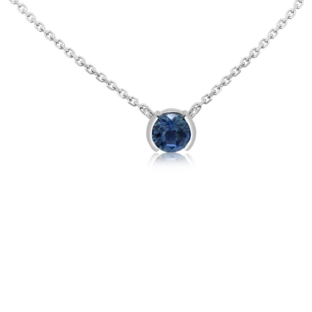 14K WHITE GOLD SOLITAIRE NECKLACE WITH ONE = 0.59CT ROUND MONTANA SAPPHIRE 18