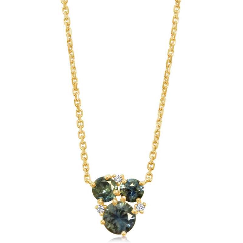 14K YELLOW GOLD CLUSTER NECKLACE ONE = 0.59CT ROUND MONTANA SAPPHIRE  ONE = 0.30CT ROUND MONTANA SAPPHIRE  ONE = 0.22CT ROUND MONTANA SAPPHIRE  AND 3 = 0.02TW ROUND G-H SI1 DIAMONDS 18