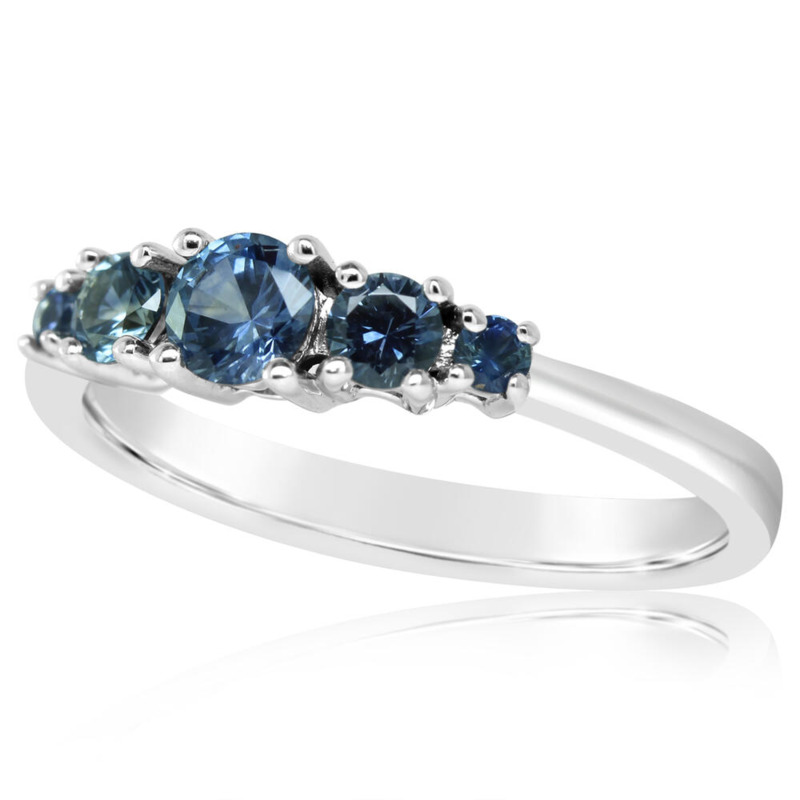 14K WHITE GOLD 5 STONE RING SIZE 6.5 ONE = 0.30CT ROUND MONTANA SAPPHIRE  2 = 0.28TW ROUND MONTANA SAPPHIRES  AND 2 = 0.08TW ROUND MONTANA SAPPHIRES   (2.21 GRAMS)