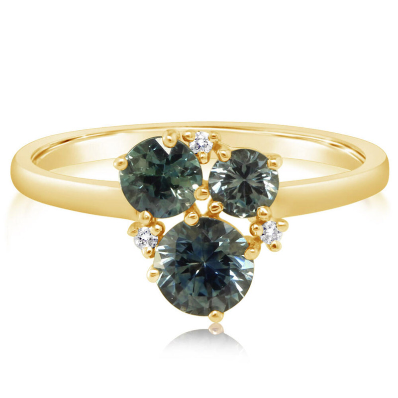 14K YELLOW GOLD CLUSTER RING SIZE 7 ONE = 0.59CT ROUND MONTANA SAPPHIRE  ONE = 0.30CT ROUND MONTANA SAPPHIRE  ONE = 0.22CT ROUND MONTANA SAPPHIRE  AND 3 = 0.02TW ROUND G-H SI1 DIAMONDS   (2.29 GRAMS)