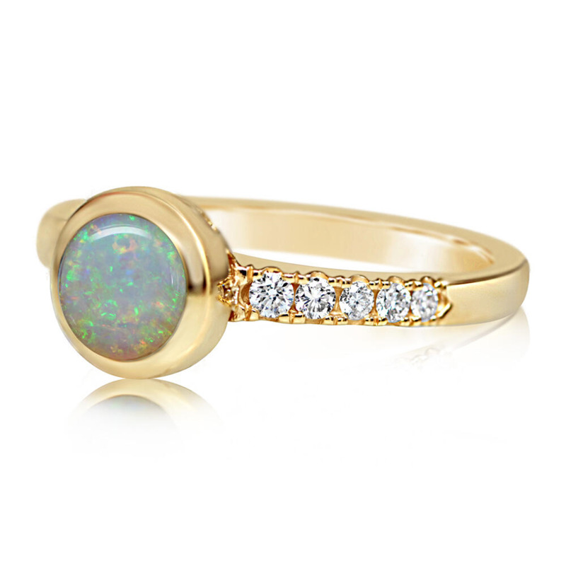 14K YELLOW GOLD BEZEL RING SIZE 6.75 WITH ONE 0.50CT CABOCHON AUSTRALIAN OPAL AND 10=0.16TW ROUND H-I SI2 DIAMONDS   (2.54 GRAMS)