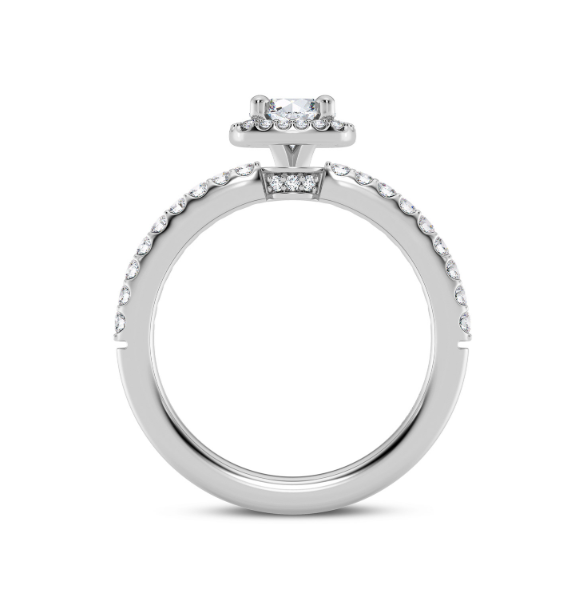 THIS MOZE 14K WHITE GOLD HIDDEN HALO ENGAGEMENT RING SETTING FEATURES A HIDDEN HALO OF ROUND DIAMONDS THAT CONTINUE DOWN THE PRONGS OF THE HEAD OF THE RING. THERE ARE ALSO ROUND DIAMONDS ON THE STRAIGHT BAND AS WELL AS THREE ROUND DIAMONDS ON EACH SIDE OF