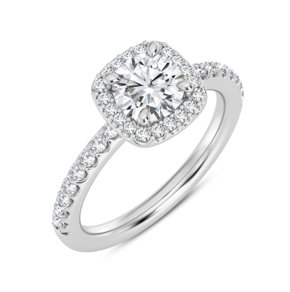 THIS MOZE 14K WHITE GOLD HIDDEN HALO ENGAGEMENT RING SETTING FEATURES A HIDDEN HALO OF ROUND DIAMONDS THAT CONTINUE DOWN THE PRONGS OF THE HEAD OF THE RING. THERE ARE ALSO ROUND DIAMONDS ON THE STRAIGHT BAND AS WELL AS THREE ROUND DIAMONDS ON EACH SIDE OF