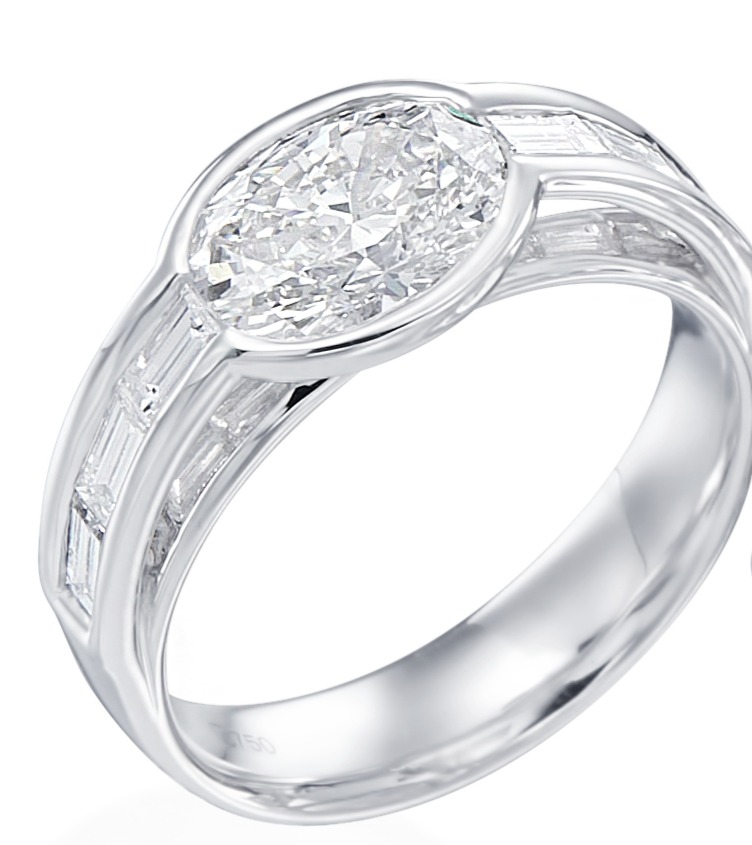 SHALHEVET - 3 carat Oval Cut Three Stone Diamond Engagement Ring with Half  Moon Side Diamonds - Kosher Diamonds