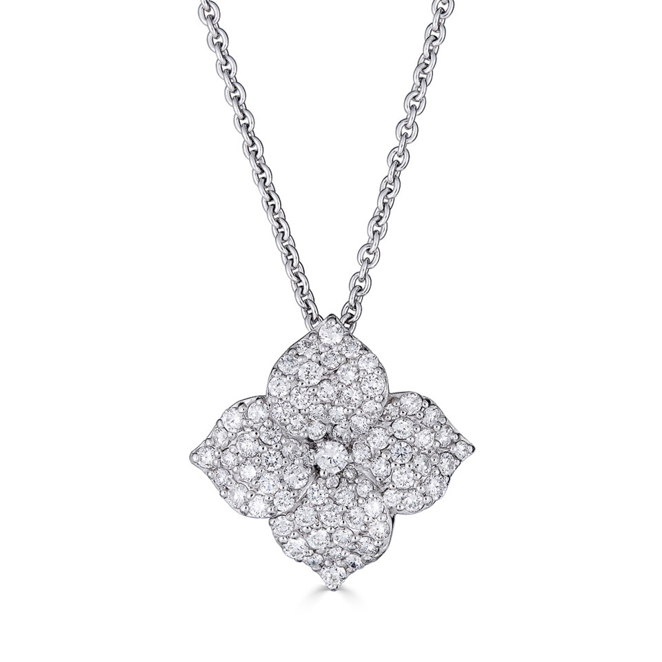 18kt Large Diamond Flower Pendant Necklace