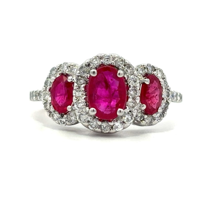 Oval Ruby 3 Stone Halo Ring With Diamonds