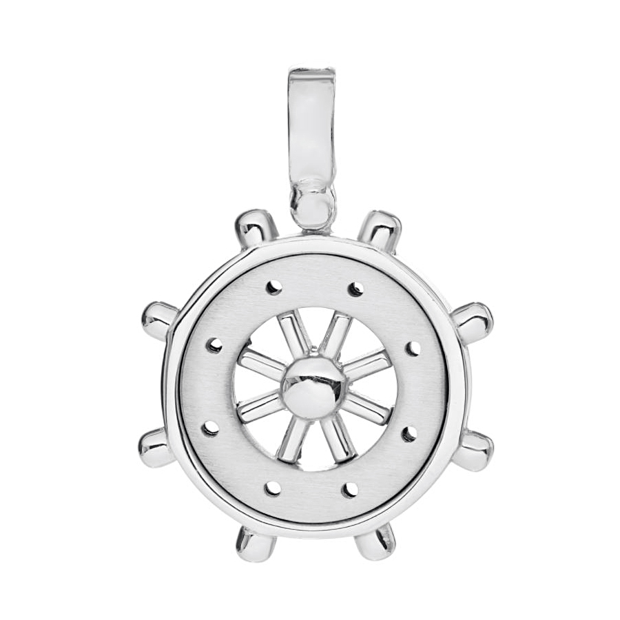 Sterling Silver Ships Wheel Pendant Necklace On 18 Inch Rolo Chain.