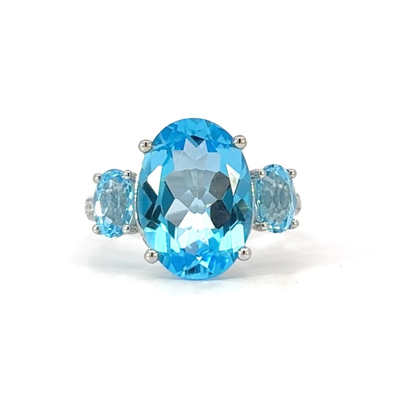 3 Stone Swiss Blue Topaz Ring With Diamonds