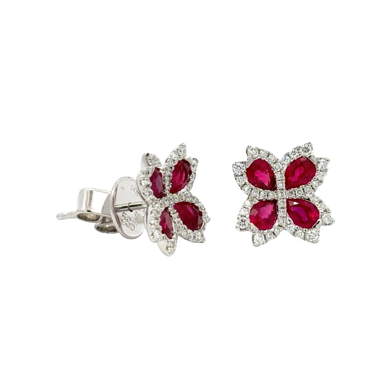 Ruby And Diamond Flower Stud Earrings