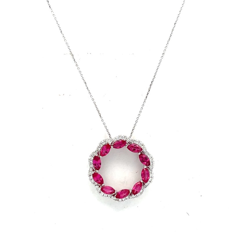 Marquise Ruby And Diamond Open Circle Pendant Necklace