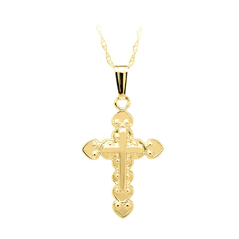 Kiddie Kraft 14 Karat Yellow Gold Filigree Cross Pendant Suspended On A 15" Oval Link Chain With Spring Ring Clasp.