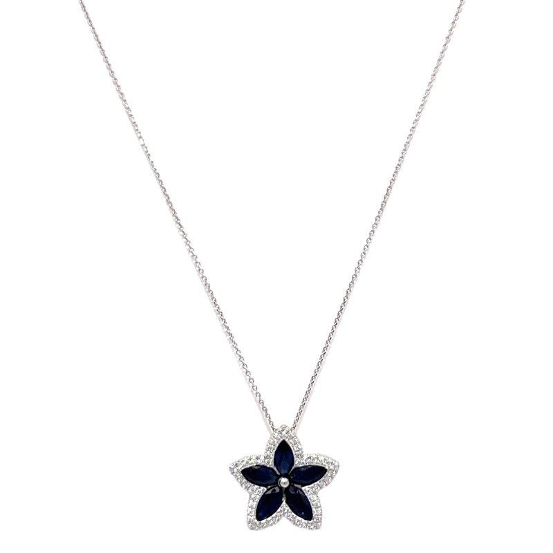 Blue Sapphire And Diamond Flower Pendant Necklace