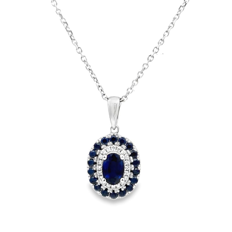 Blue Sapphire And Diamond Double Halo Pendant Necklace