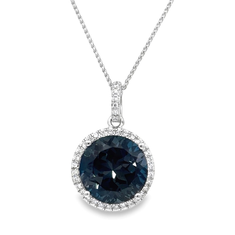 London Blue Topaz And Diamond Halo Pendant Necklace