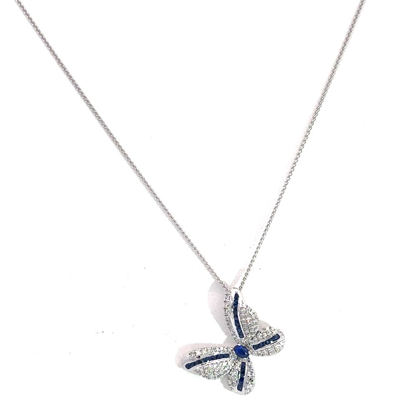 Blue Sapphire And Diamond Butterfly Pendant Necklace