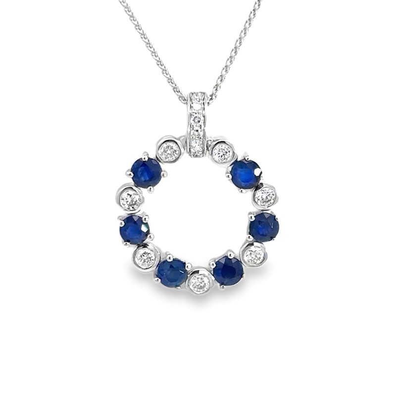 Blue Sapphire And Diamond Circular Pendant Necklace