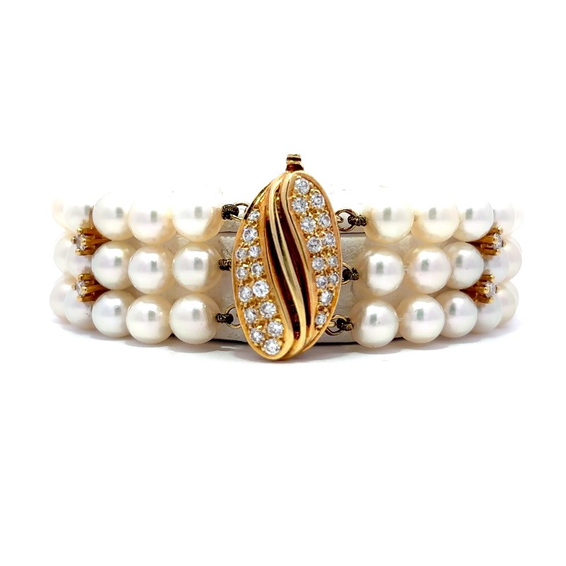 Estate Mikimoto Triple Strand Pearl And Diamond Bracelet