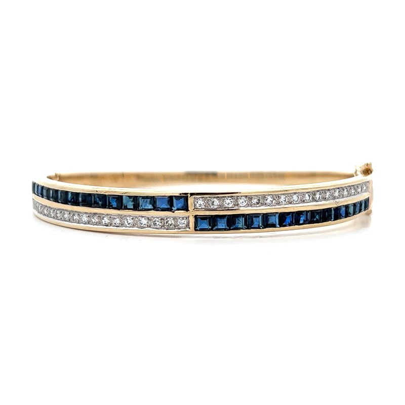 Estate Diamond And Blue Sapphire Hinged Bangle