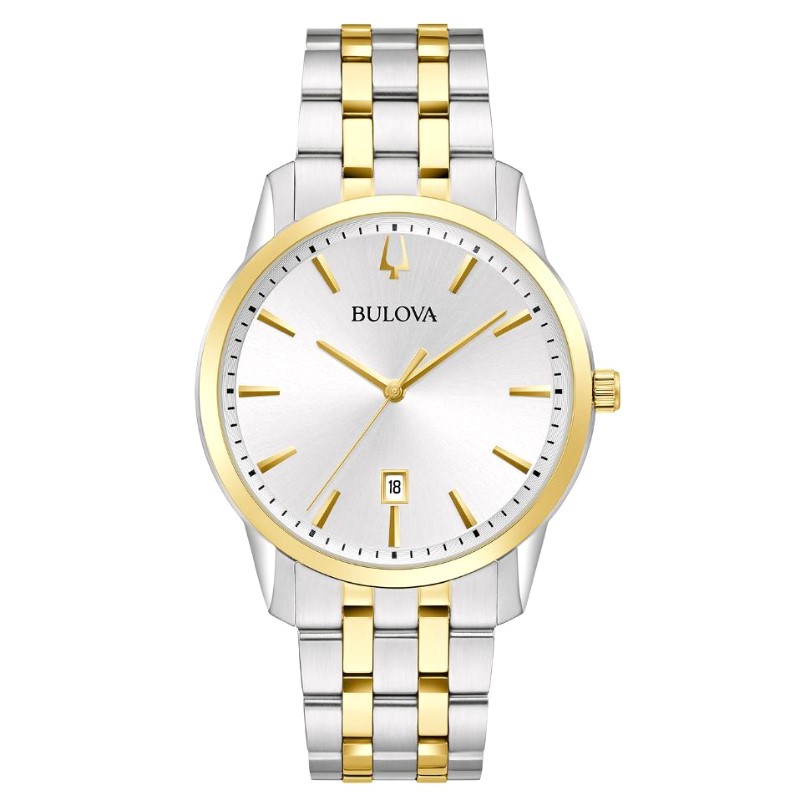 Bulova gent s Classic 40mm stainless steel & gold tone timepiece. The watch has a silver tone dial gold tone bezel mineral crystal & battery powered quartz movement water resistant to 30 meters. The stainless steel 5 row link bracelet has 3 silver tone&