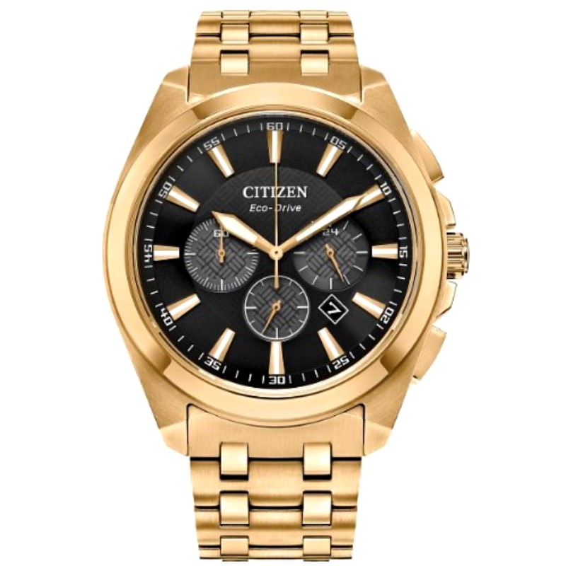 Citizen Peyten timepiece. The watch contains a 41mm yellow tone case with a black marker Chronograph date dial a smooth bezel and a sapphire crystal. The watch also has an Eco drive movement and a yellow tone stainless steel bracelet.