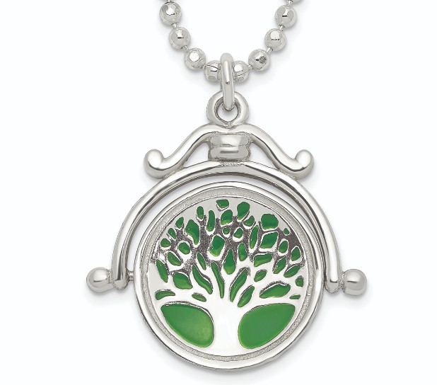 Sterling silver green enamel tree of life pendant that is reversible and engraved on the opposite side " Live Love Life"  18 inch chain.