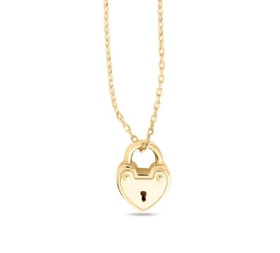 14 Karat Yellow Gold Heart Lock Necklace Measuring 18 Inches.