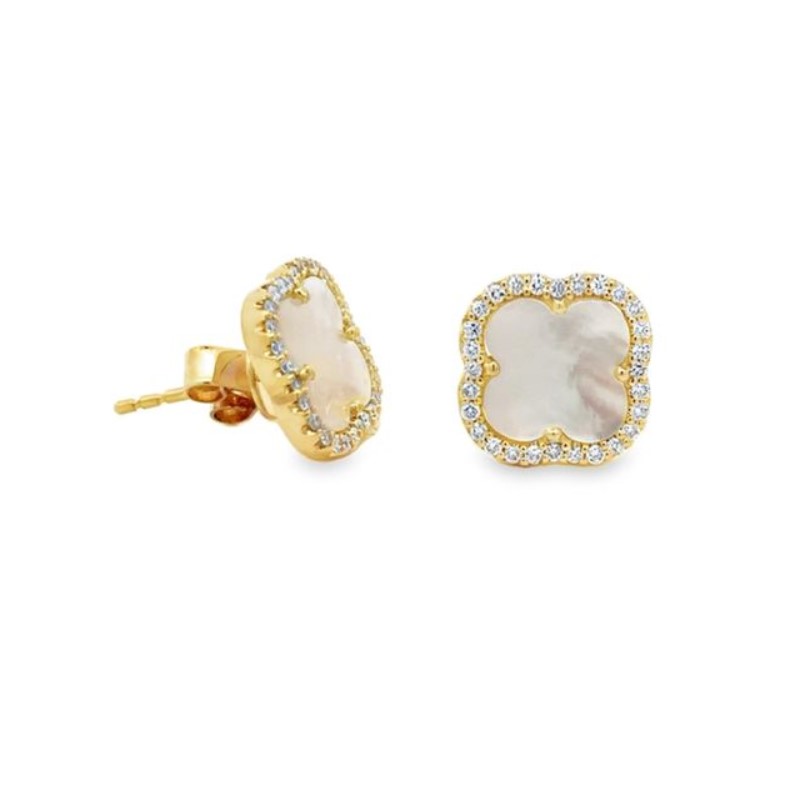 Mother of Pearl and Diamond Clover Stud Earrings