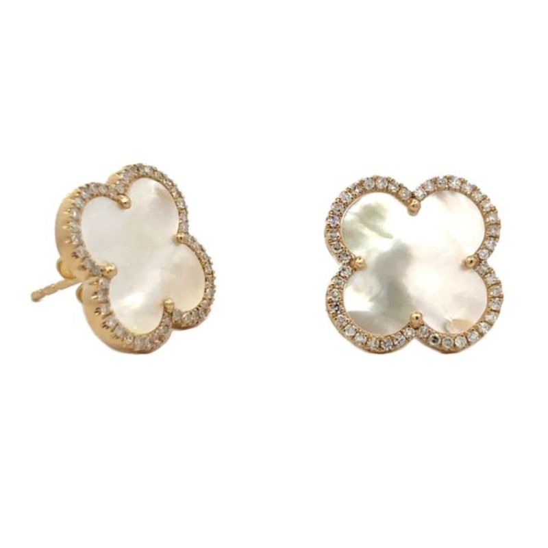 Mother of Pearl and Diamond Large Clover Stud Earrings