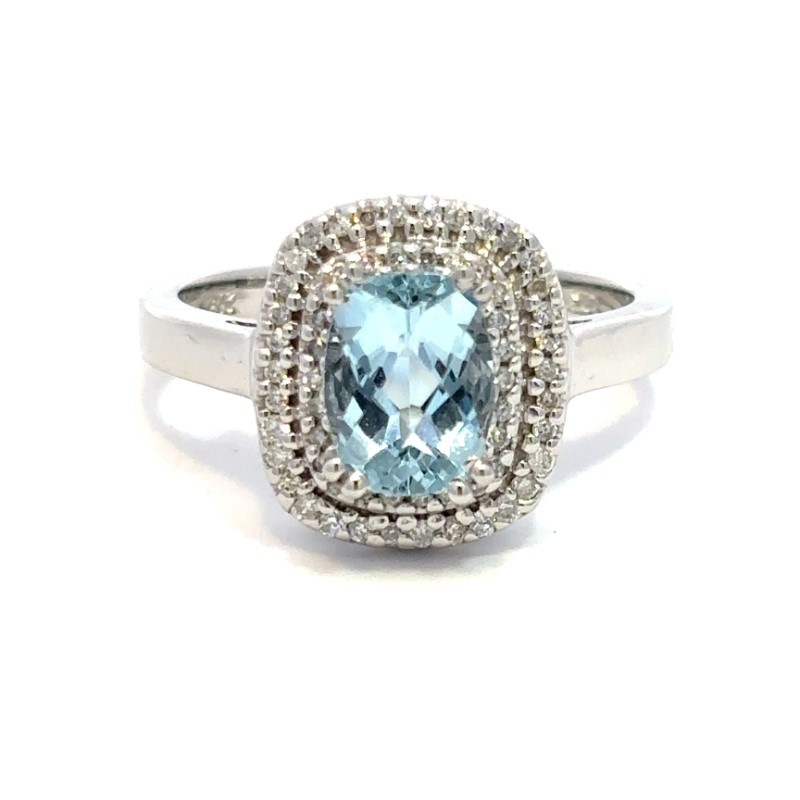 Aquamarine Double Diamond Halo Ring