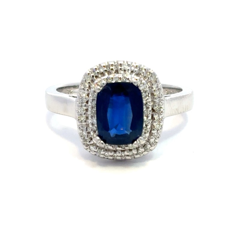 Blue Sapphire Double Diamond Halo Ring