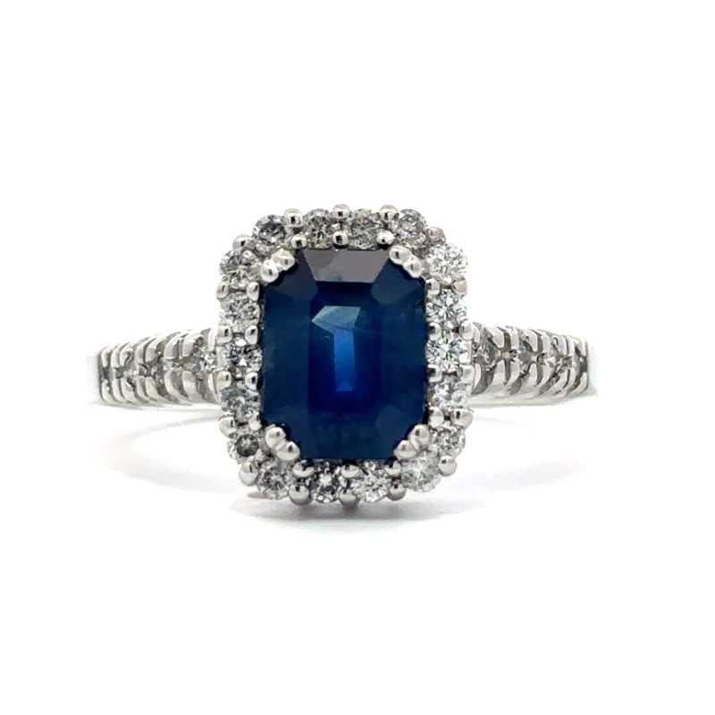 Blue Sapphire And Diamond Halo Ring