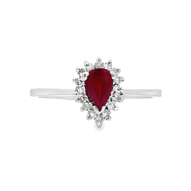 Pear Shaped Ruby And Diamond Halo Ring
