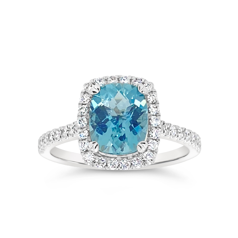 Irisa By Martin Binder Cushion Aquamarine & Diamond Halo Ring