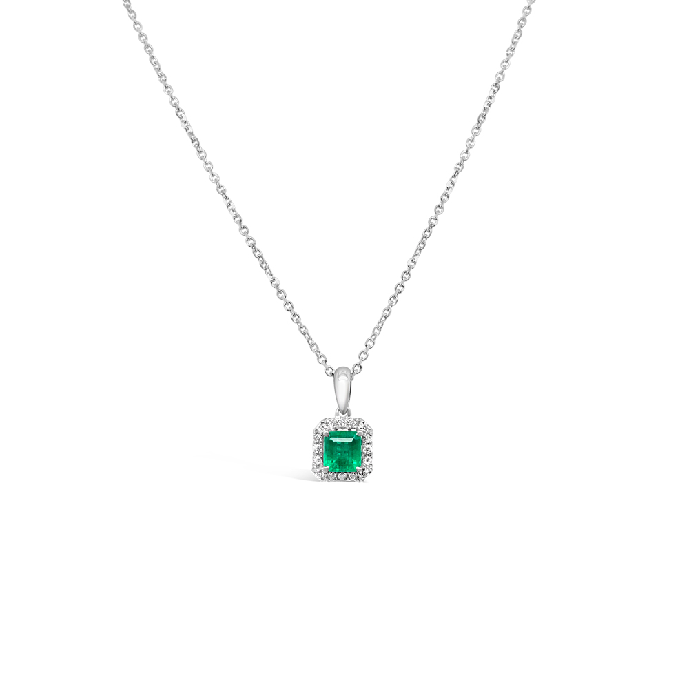 Irisa By Martin Binder Emerald & Diamond Square Halo Pendant Necklace