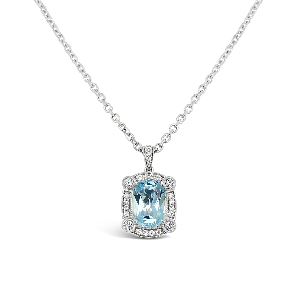 Irisa By Martin Binder Cushion Aquamarine & Diamond Unique Halo Necklace