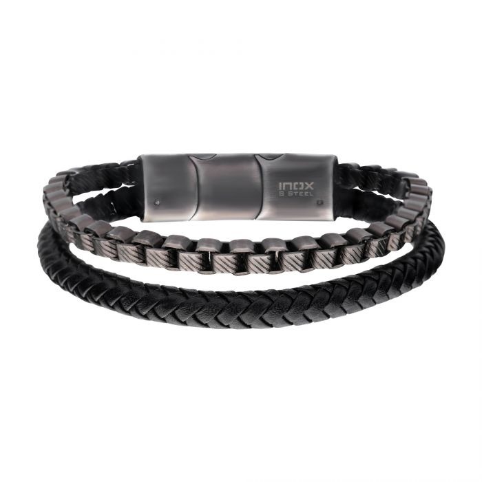 Inox Leather & Box Chain Stacking Bracelet