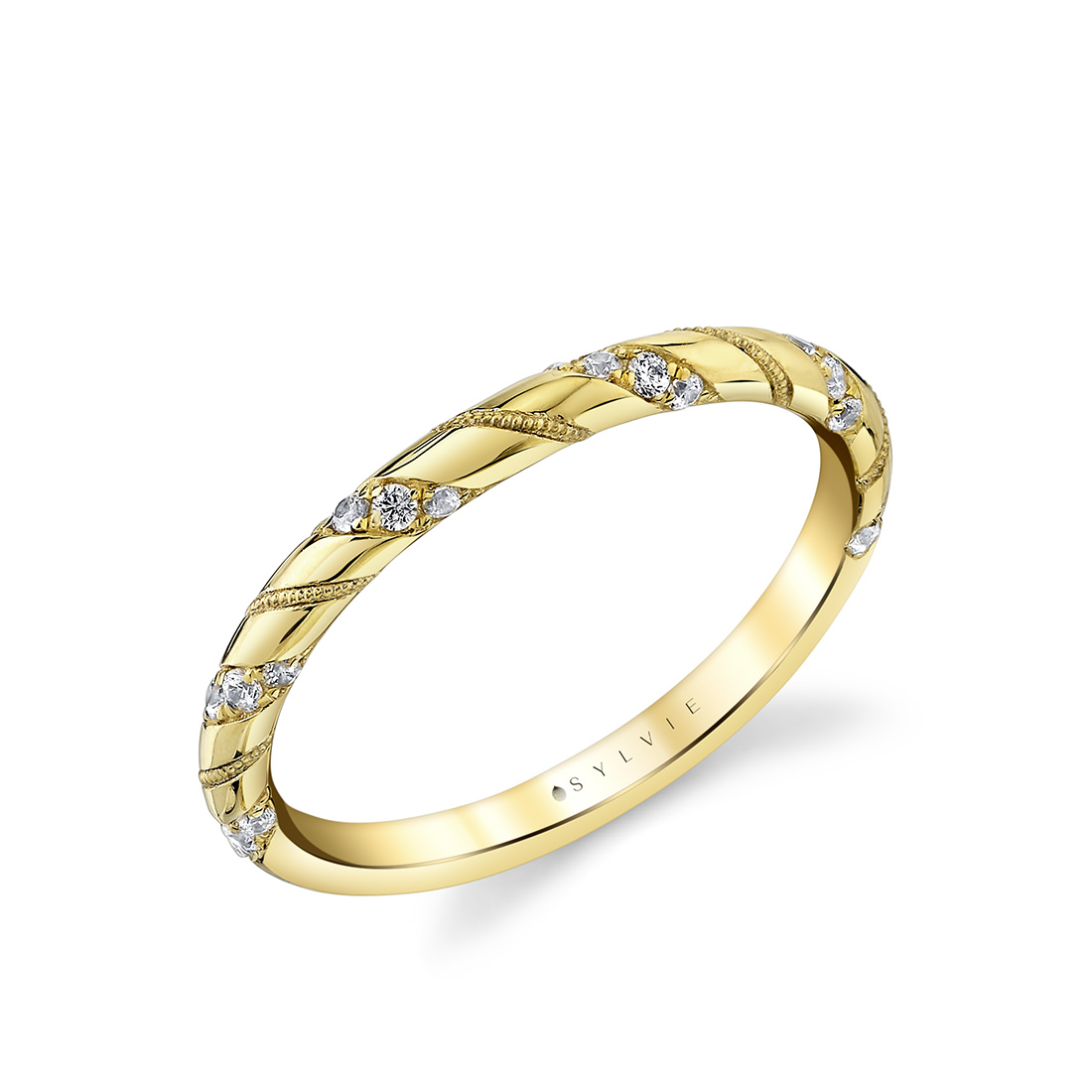 14K YELLOW GOLD POLISHED STRAIGHT BAND WITH .16CTTW ROUND SI CLARITY & G COLOR DIAMONDS AND ROPE DESIGN